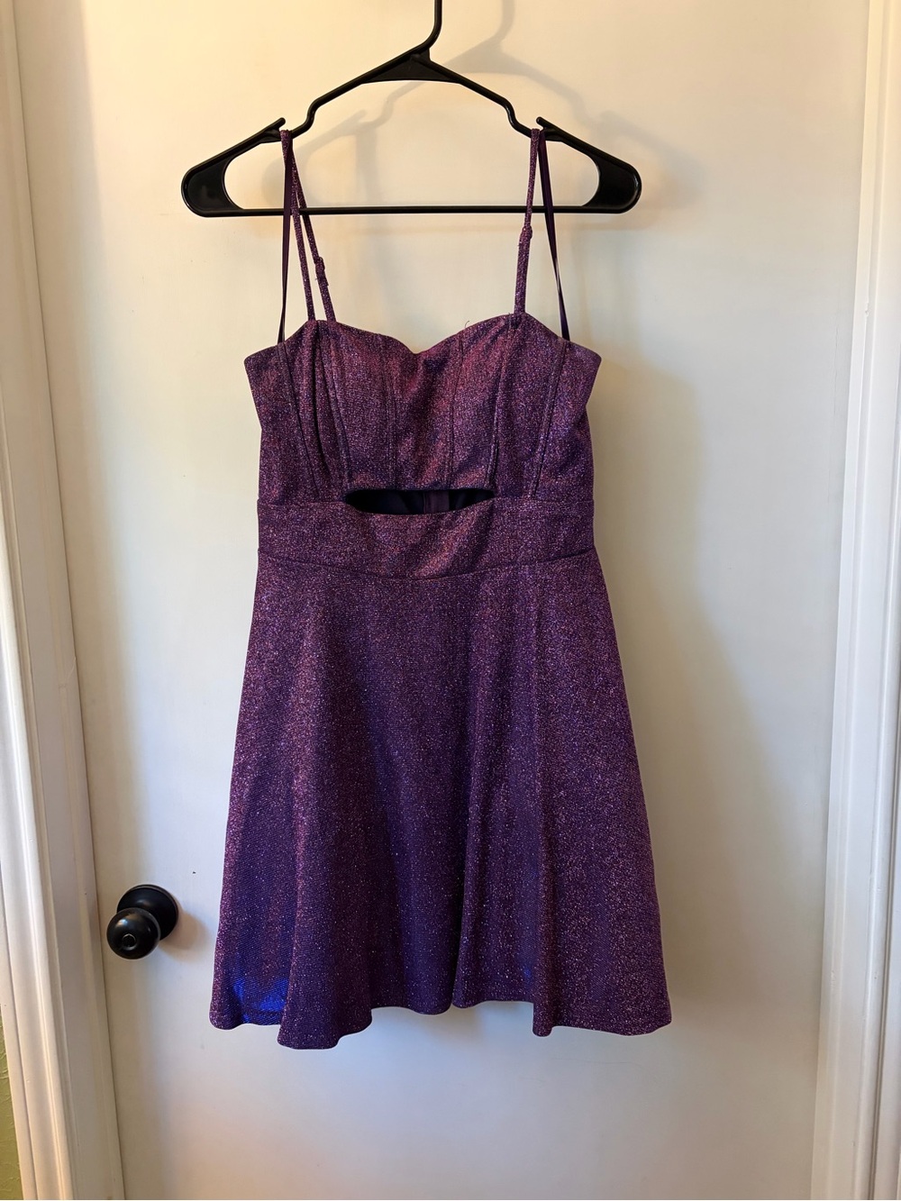 Glittery Purple Cutout Spaghetti-Strap Mini Dress